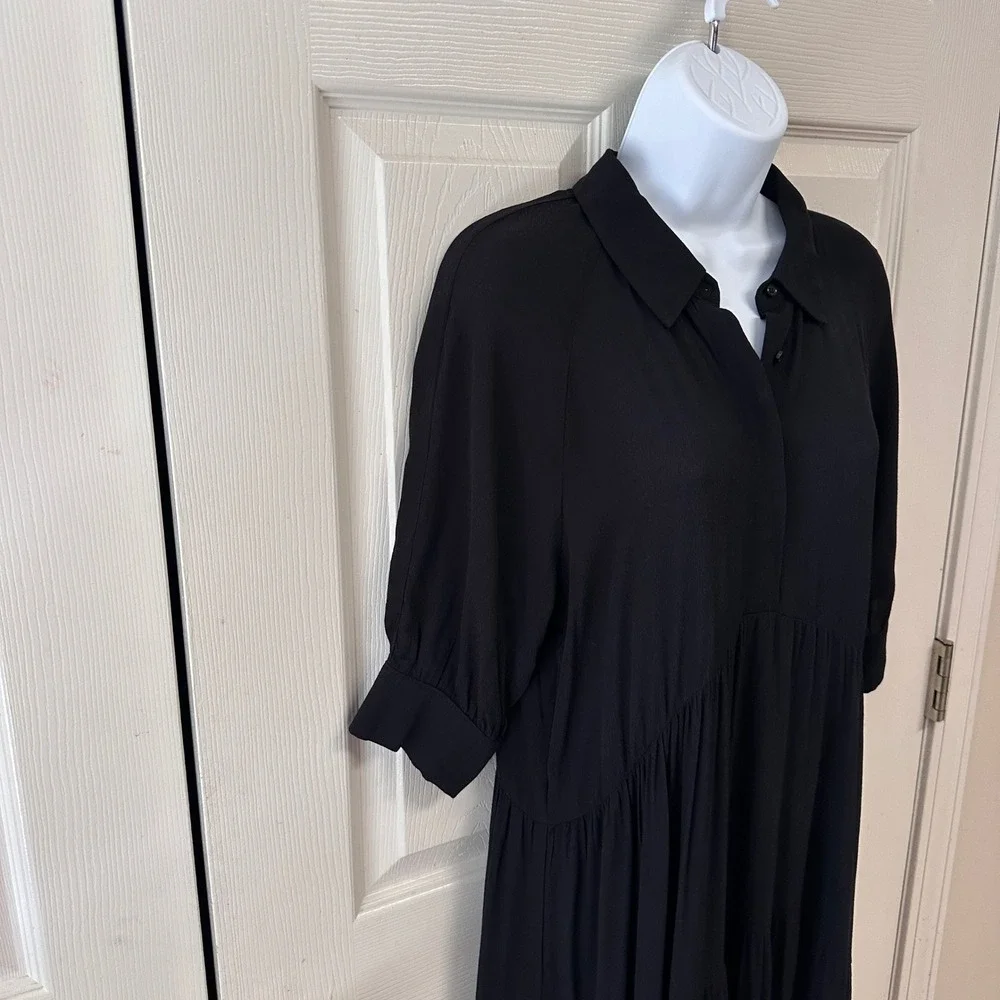 A Loves A Button Down Cuff Sleeve Tiered Waistless Midi Shirt Dress Size M Black - Picture 4 of 11